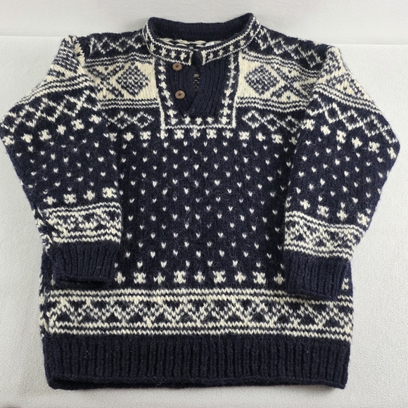 Nepal Men's Chunky Hand Knit Wool Sweater Black White Nordic Pattern - Picture 3 of 12